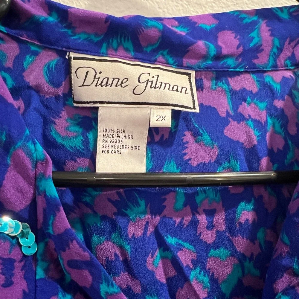 Vintage Diane Gilman 2X Silk Animal Print‎ Sequin Button Up Top Blue Purple 90s - Picture 3 of 7